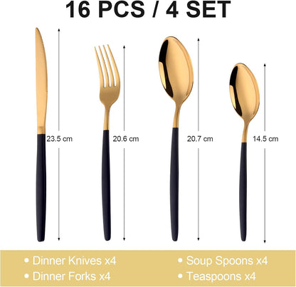 16-Piece Black & Gold Flatware Set