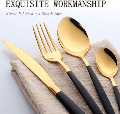 16-Piece Black & Gold Flatware Set