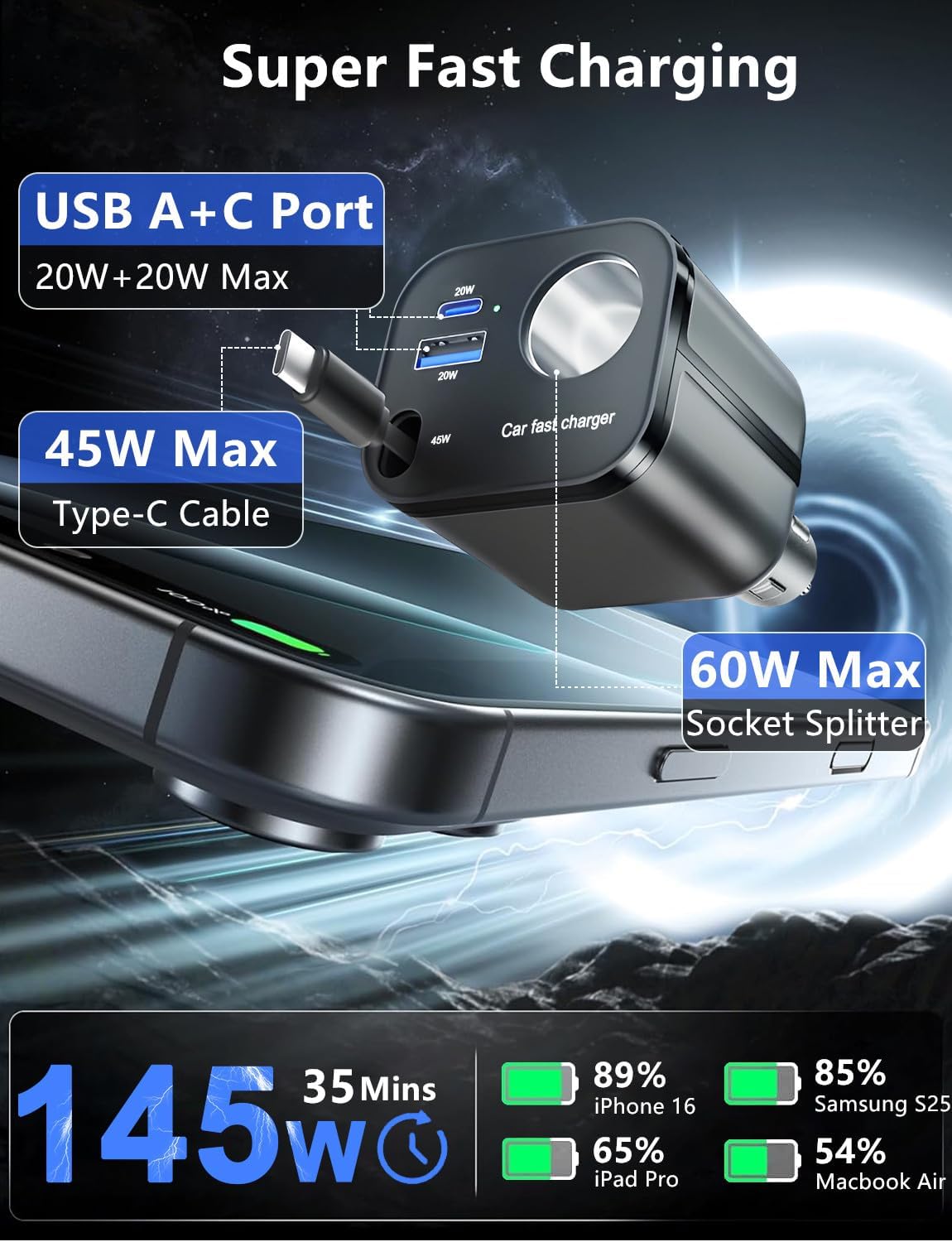 4-in-1 Retractable USB C Car Charger